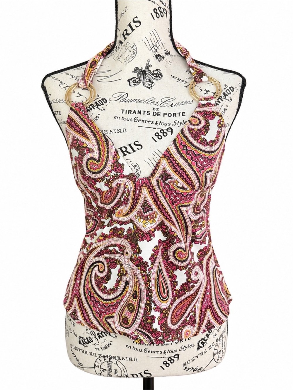 DKNY Pink and White Paisley Halter Top with Gold Accent Rings